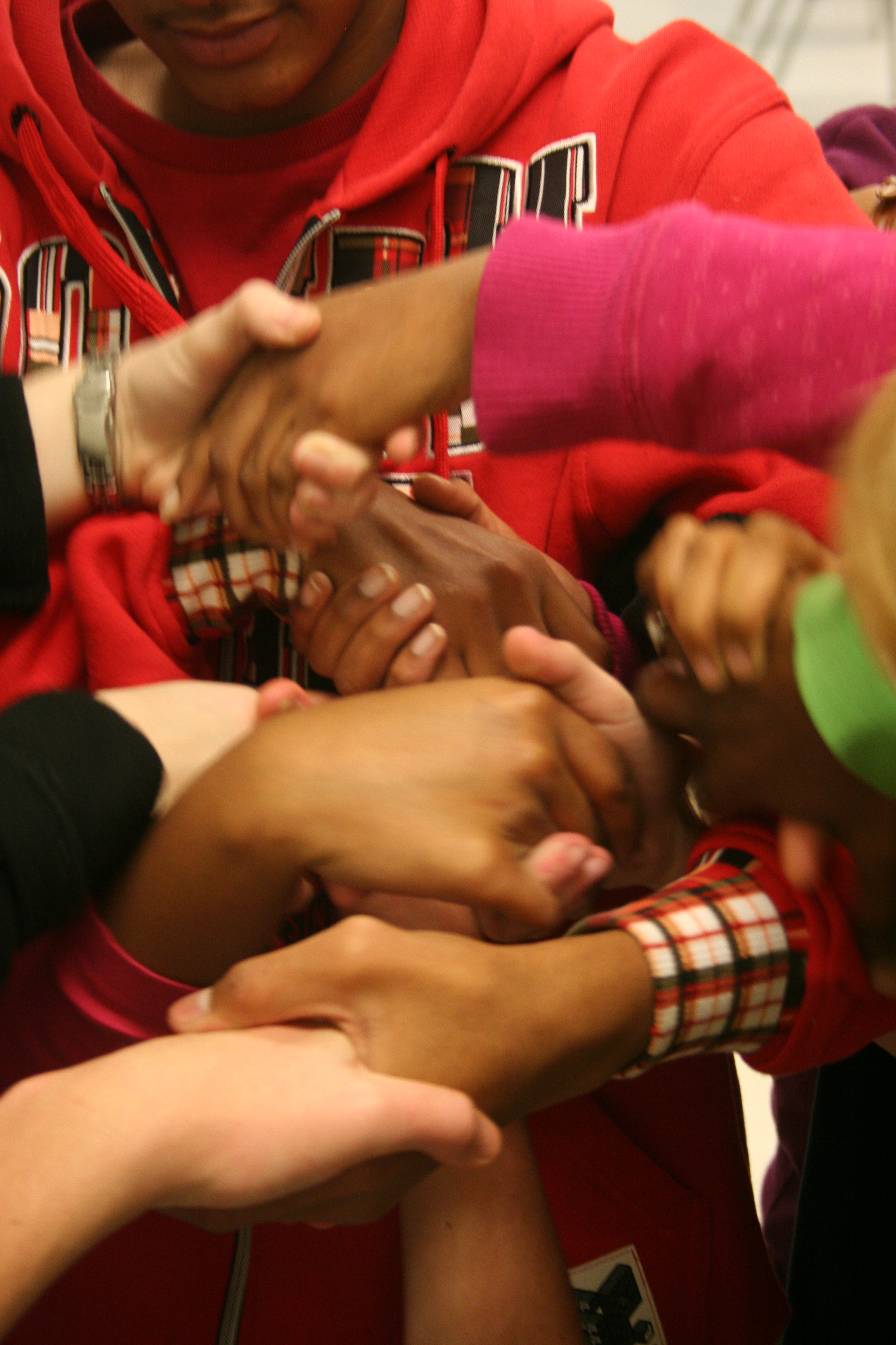 A group of people are holding each other’s hands.