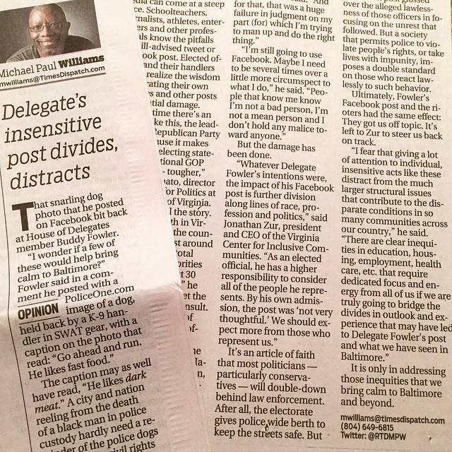 Newspaper clipping with a headline reading “Delegate’s insensitive post divides distracts”.