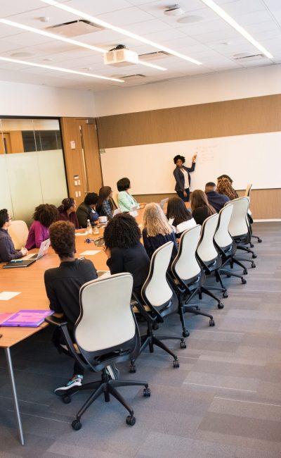 [Image Description: A person making a presentation in front of a board room.  14 people are sitting around a long table facing the presenter.]