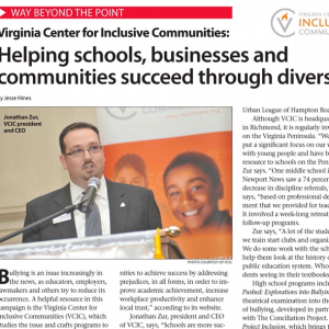 A news article with the headline Virginia Center for Inclusive Communities: Helping schools, businesses, and communities succeed through diversity. A man in business attire is pictured below speaking into a microphone at a podium.